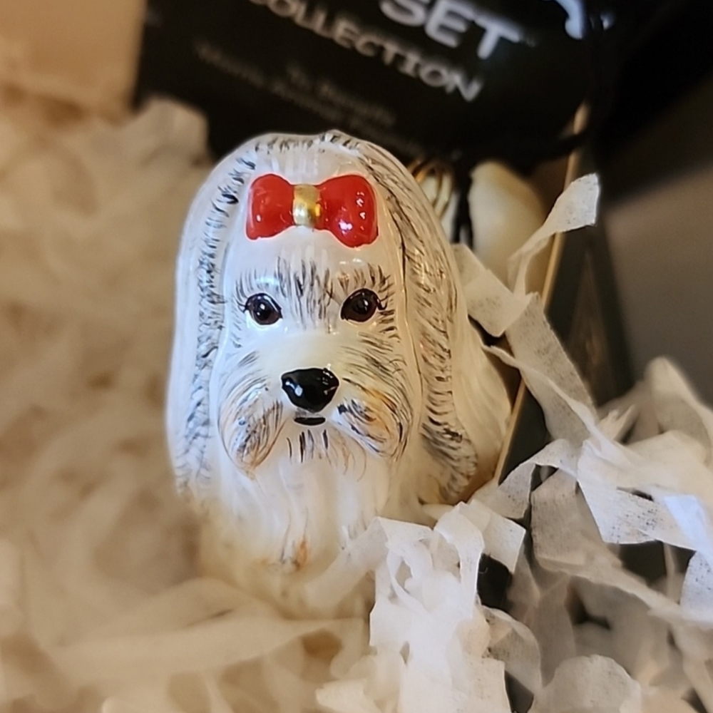 Pet set joy.to.the world Morris animal foundation maltese blown glass from polan